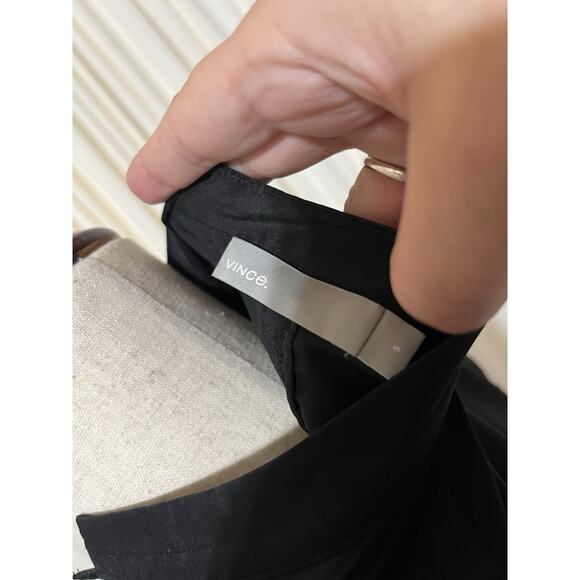 Vince 100% Silk Black V Neck Cut Out Collar Tie Waist Midi Dress Sz S Minimalist - Picture 5 of 8